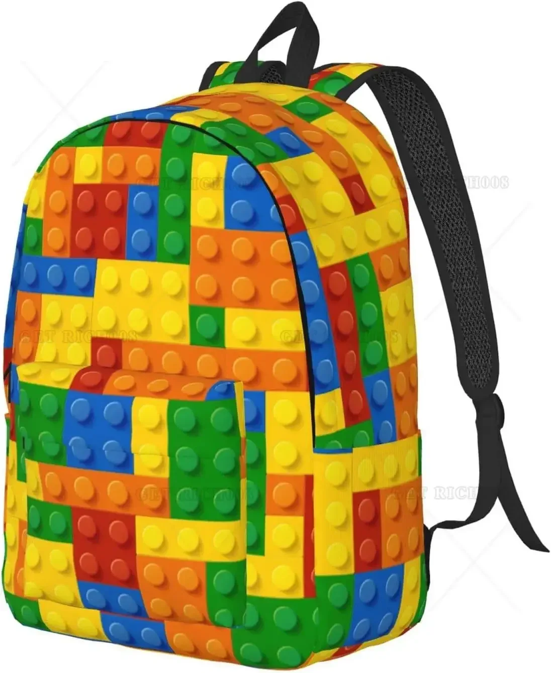 sac dos polyester motif carrés couleurs rouges jaunes verts bleus oranges poignées noires format 16 pouces usage voyage camping