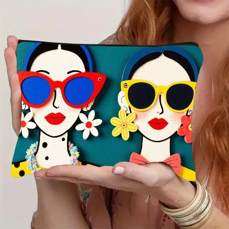 trousse de maquillage pour femmes, 1 pièce, avec fermeture à glissière, pochette avec visage de dessin animé mignon, fond sarcelle et accents floraux rouge/bleu/jaune