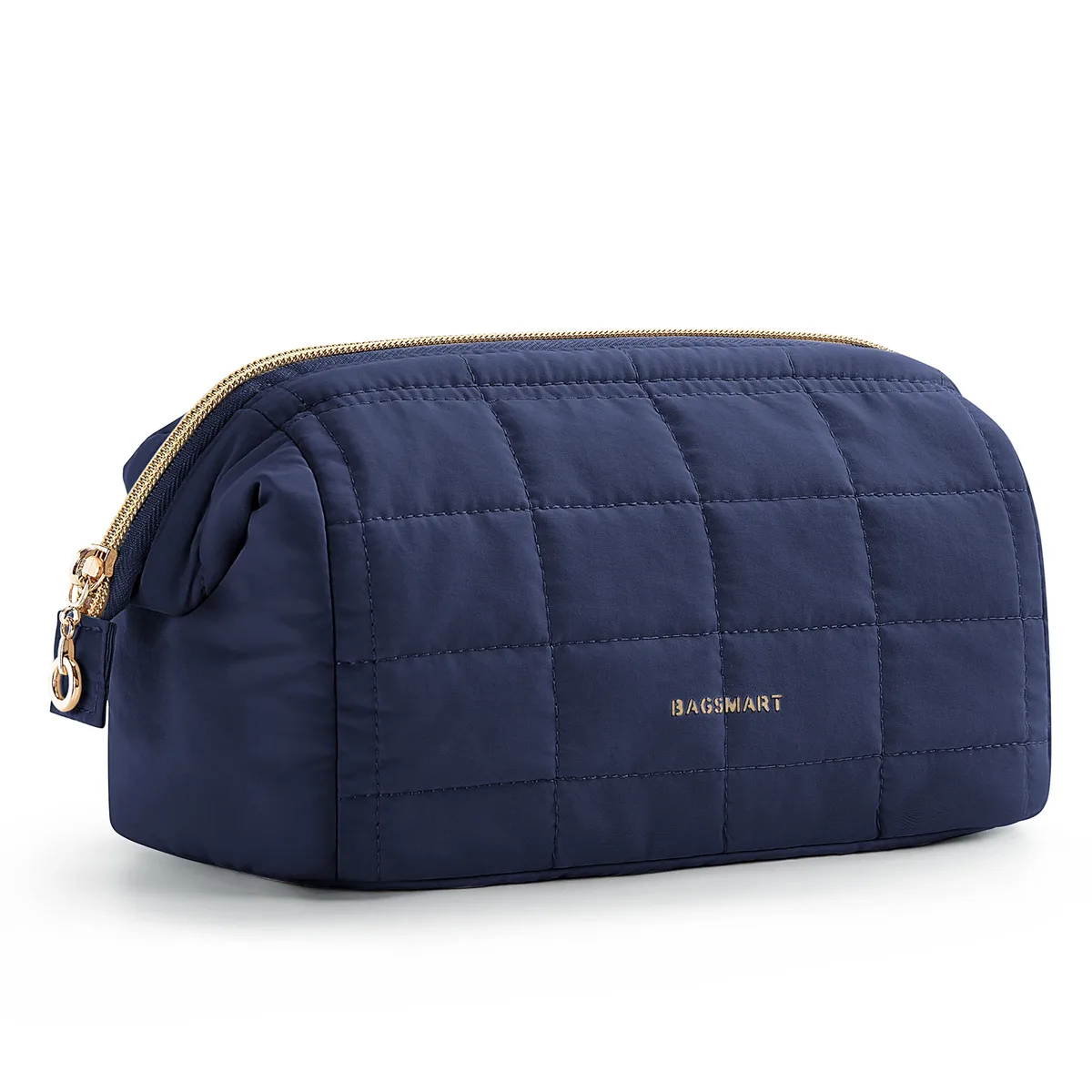 trousse toilette cosmétique taslan rose motif coutures quadrillées rectangulaire glissière dorée voyage femmes maquillage