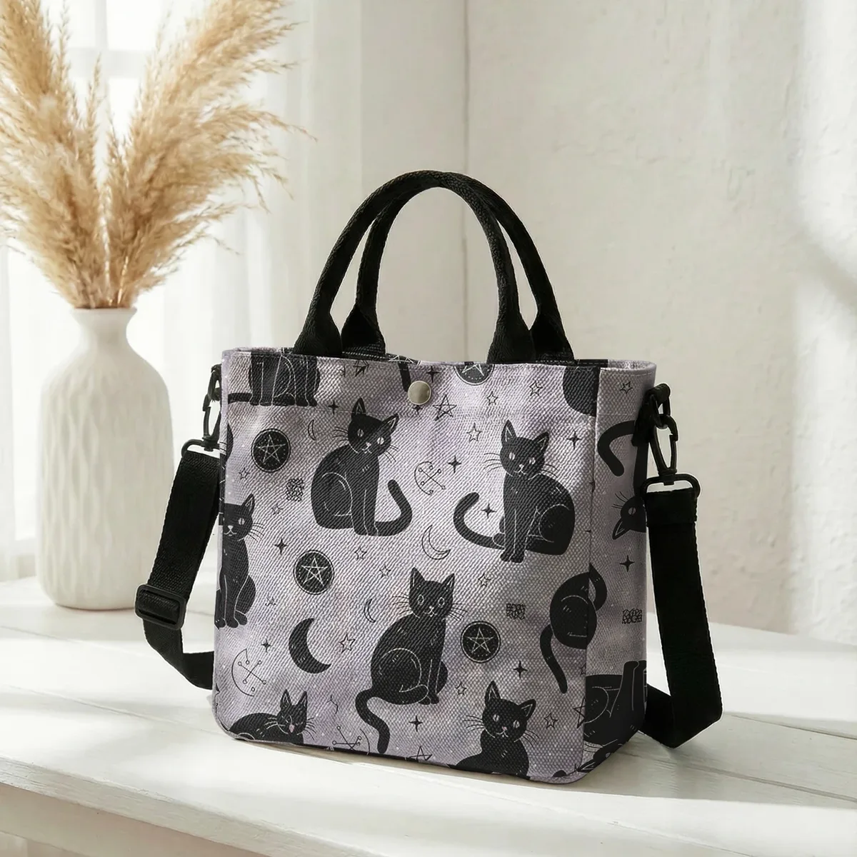 sac fourre-tout en toile rose imprimé lune et étoiles avec chat noir sorcière, bandoulière détachable, sac à main bandoulière pour femme, idéal pour le shopping quotidien