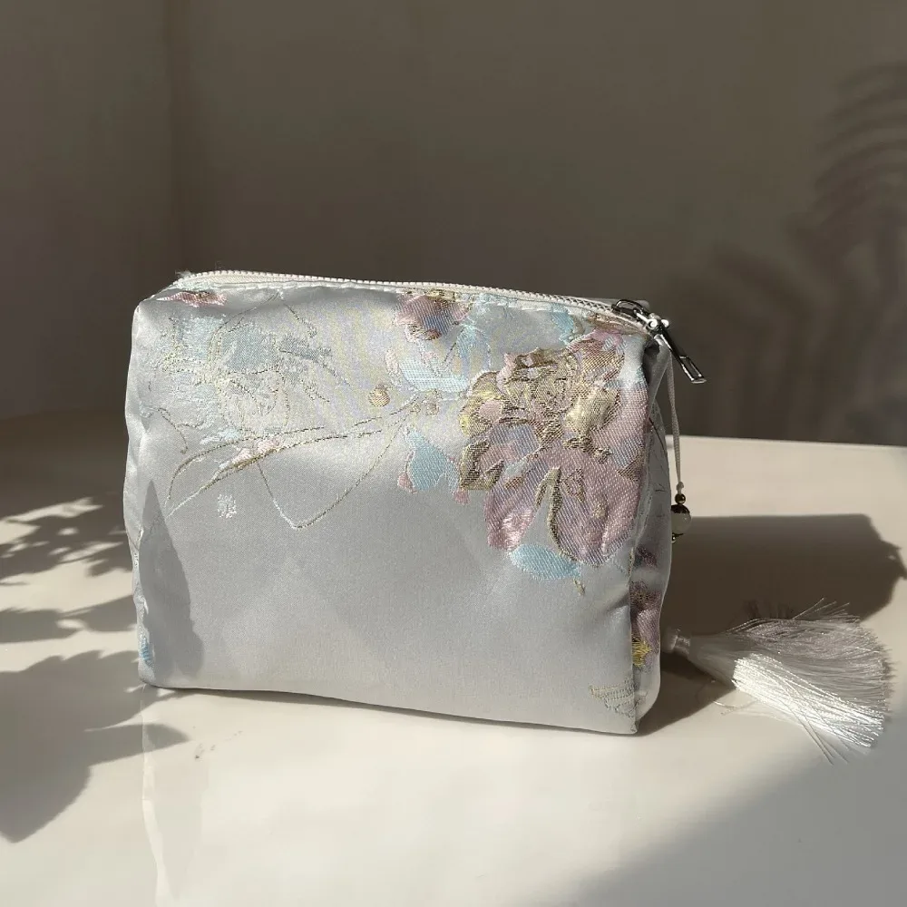 pochette cosmétique respirante en polyester, broderie florale style chinois, fermeture éclair, sac de rangement pour voyage