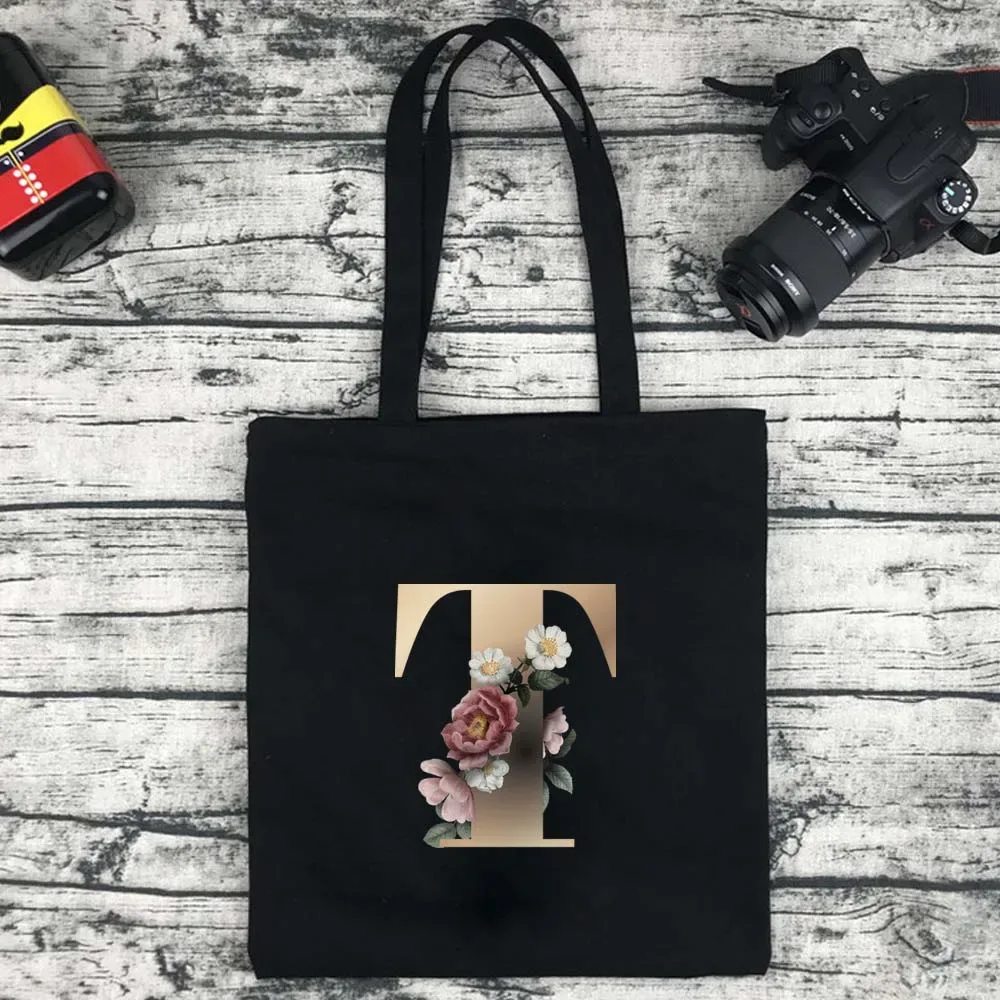sac de shopping écologique pour femmes, sac à bandoulière portable pliable noir, sac à main réutilisable de grande capacité avec lettres, fourre-tout bolsos