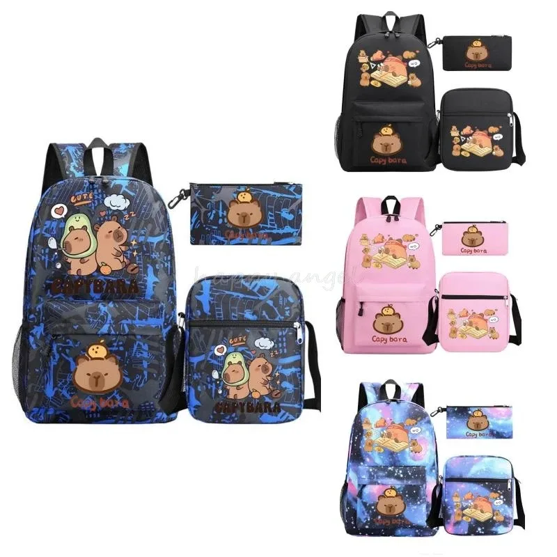 nouveau capybara anime imprimer 3 pièces/ensemble sac à dos adolescent garçon sac d'école ordinateur portable sac à dos école cadeau sac à dos avec sac à bandoulière décontracté