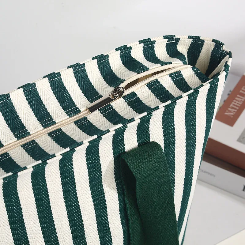 sac fourre-tout en toile rayé personnalisé avec logo imprimé, simple, grande capacité, portable, pour le shopping, avec texte et image diy