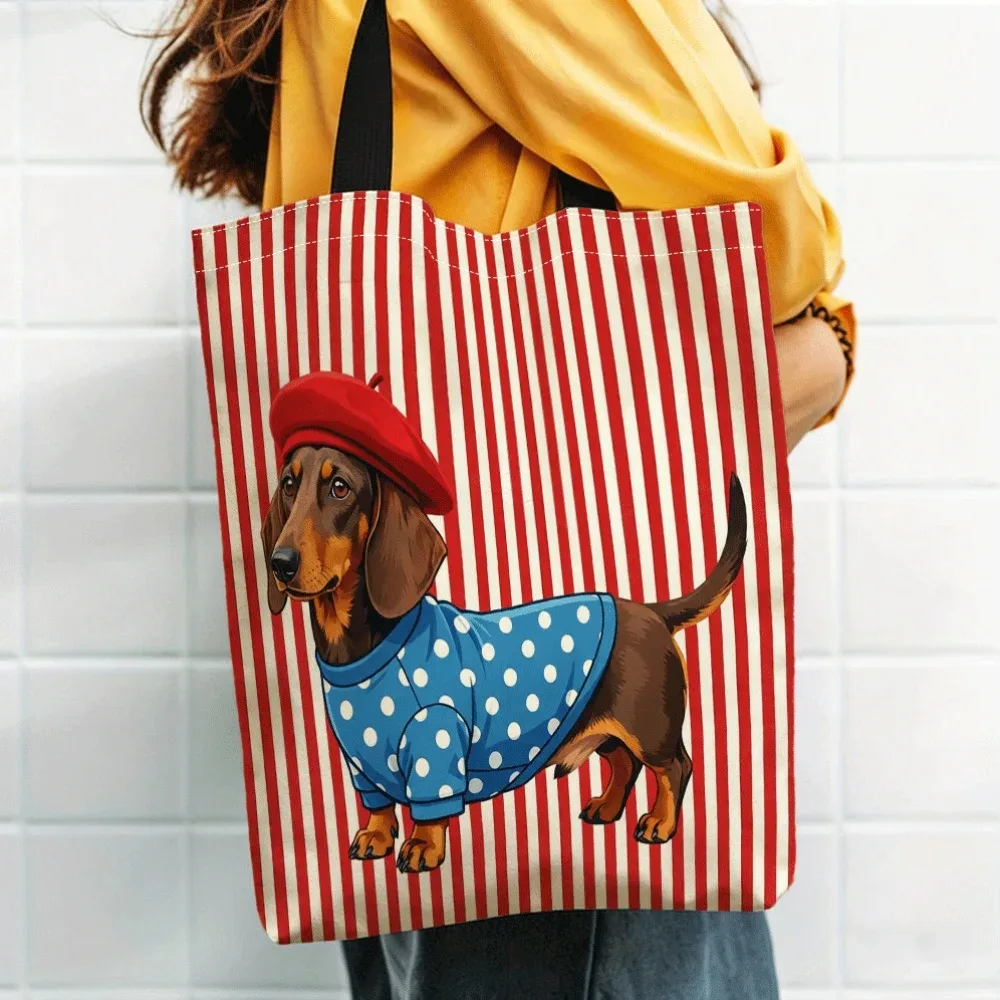 sac fourre-tout à imprimé numérique rayé rouge et blanc avec motif chien tacheté à poils roux et chapeau, sac de plage pour femme, sac de shopping décontracté et durable