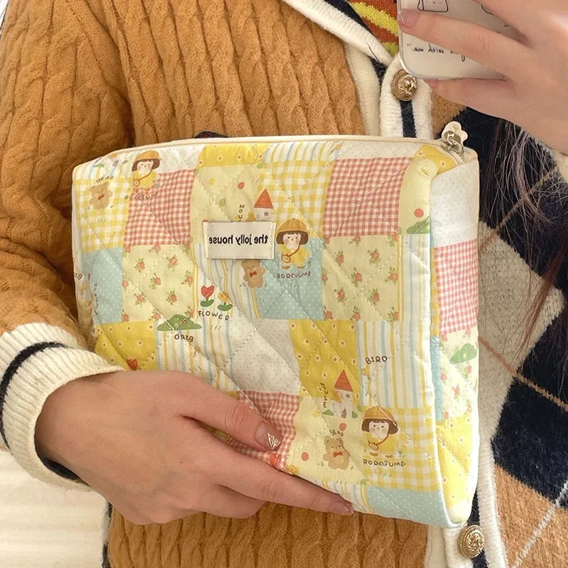 sac à main en coton de dessin animé vintage pour femmes, sac fourre-tout de grande capacité, sac à main de courtepointe de maquillage, évaluation de voyage cosmétique, mode