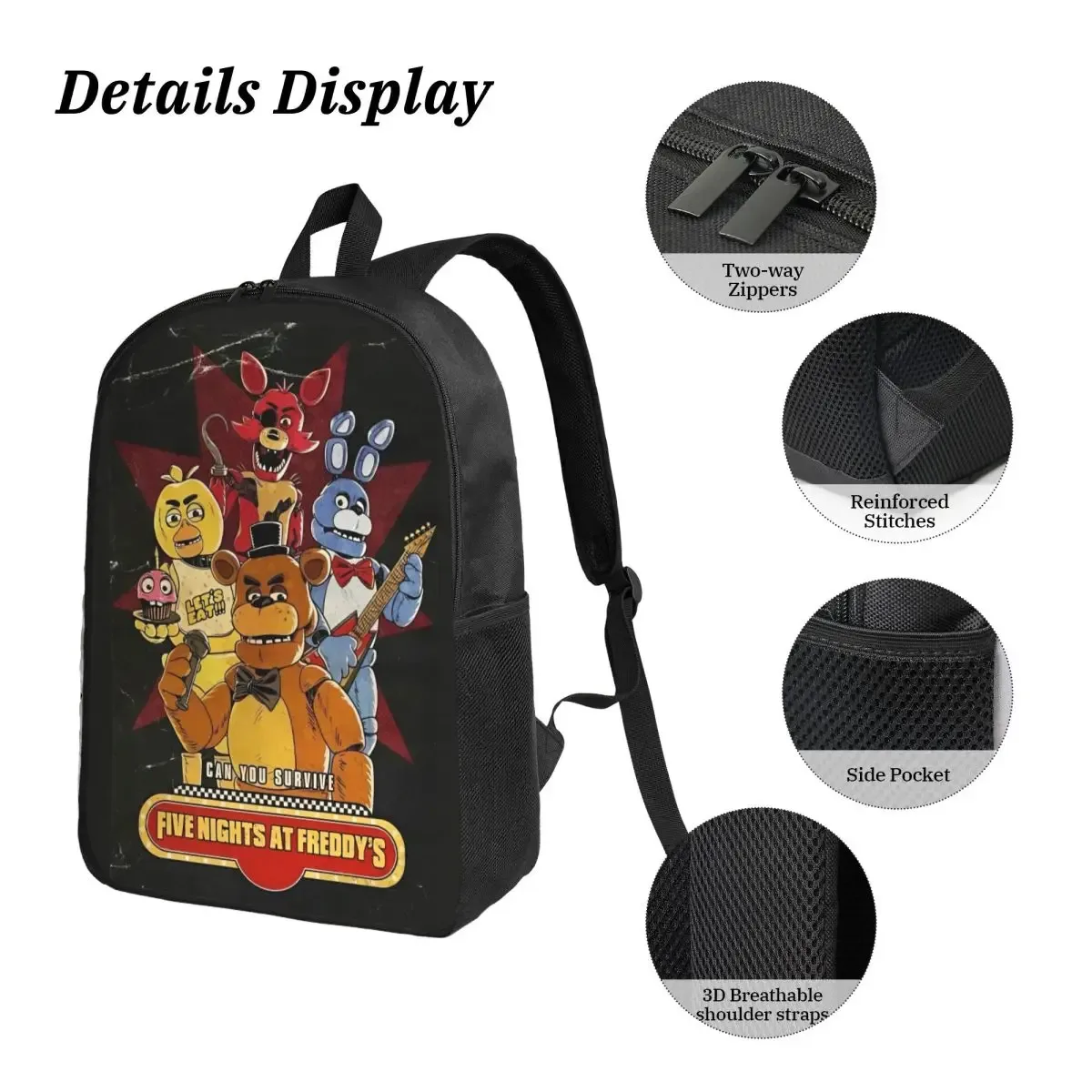 sac dos polyester five nights at freddy's personnages motif noir format rectangulaire bandes latérales pique-nique poignée fermeture glissière transport idéal usage quotidien voyage