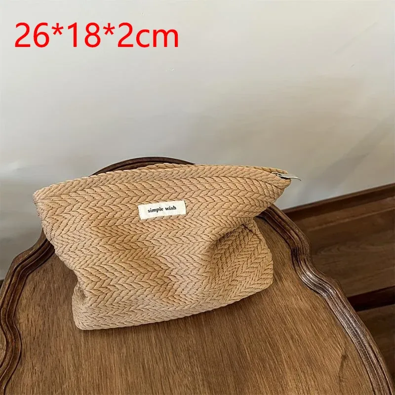 1 pièce trousse de maquillage portable de haute qualité avec fermeture éclair, grande capacité, couleur unie, en tissu tissé, beige café, pochette