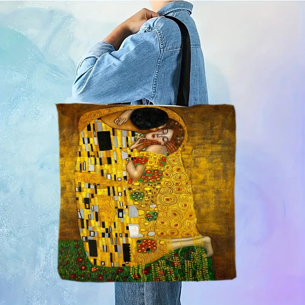 sac fourre-tout artistique baiser peinture à l'huile dorée abstraite grande capacité sac à bandoulière décontracté réutilisable sac à main de personnage de mode 1 pièce