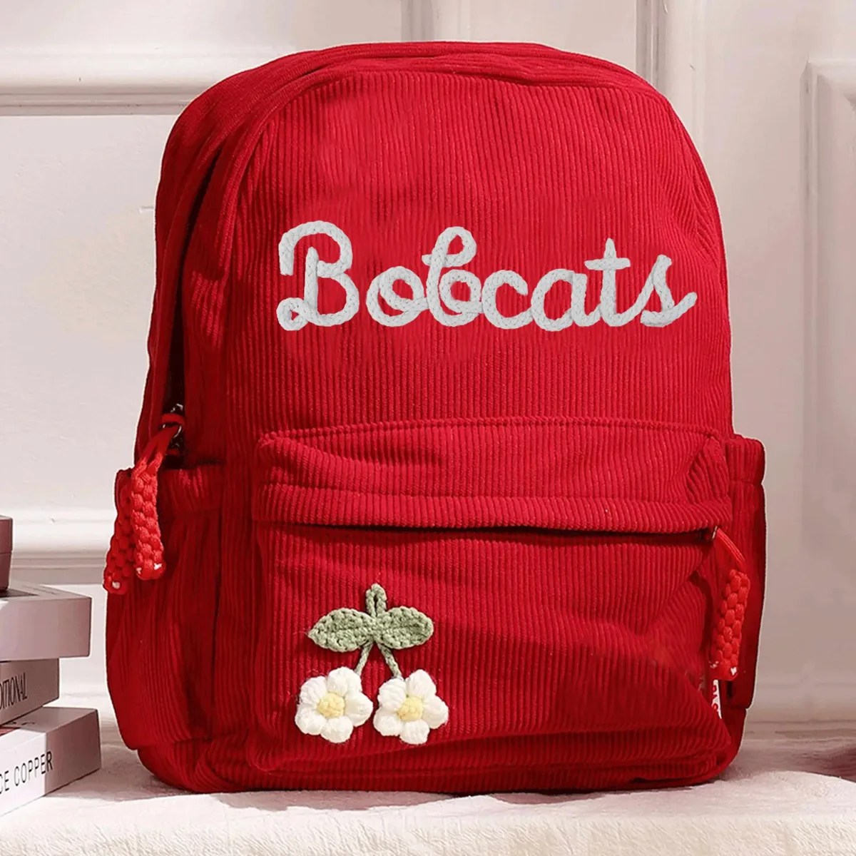 sac à dos en velours côtelé personnalisé 1 pièce, lettres brodées à la main, décorations florales/animales, cadeau idéal.