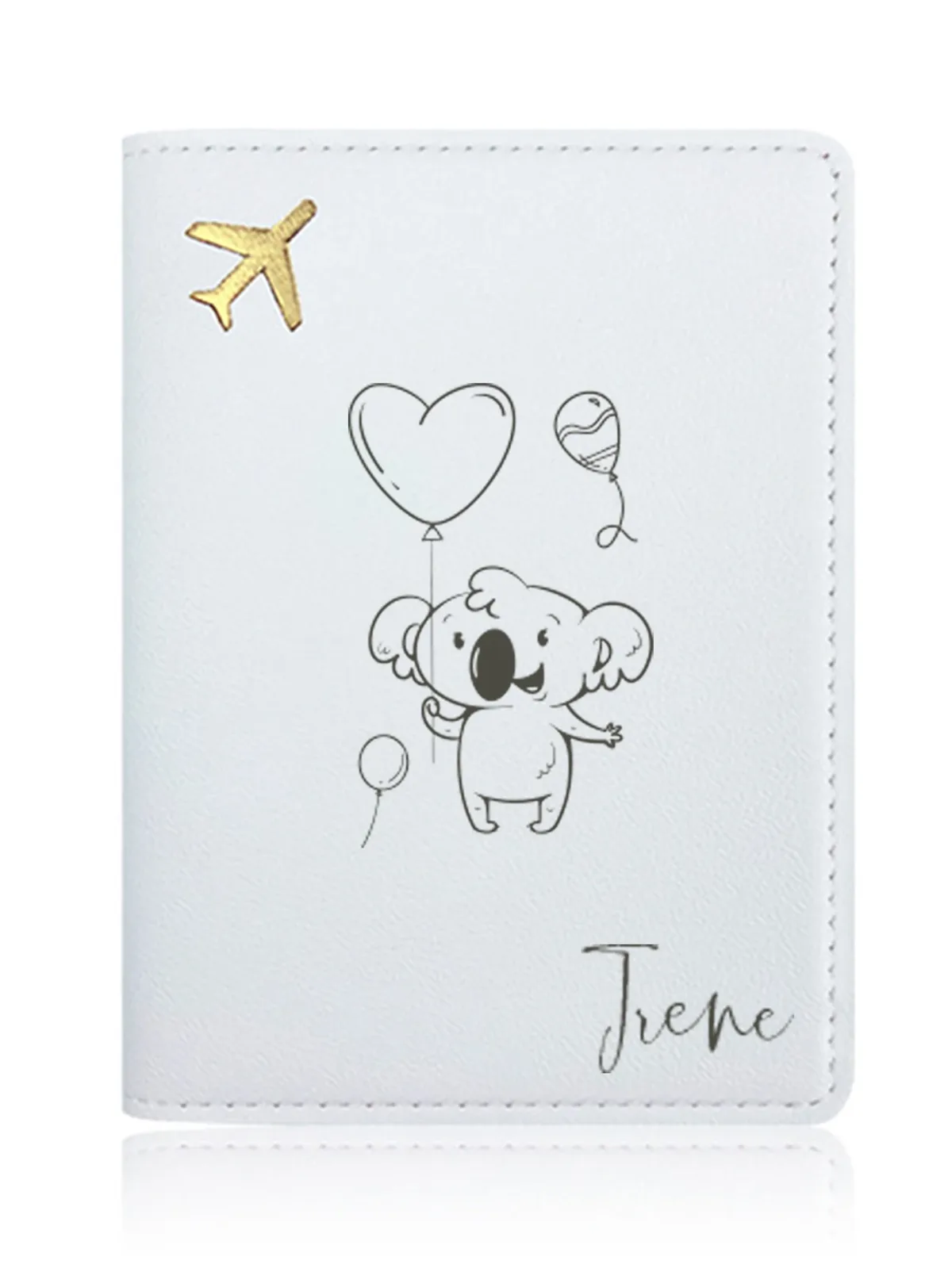 pochette ordinateur portable cuir bleu pastel motif koala ballons cœur irene bordure dorée voyage usage personnalisation cadeau souvenir