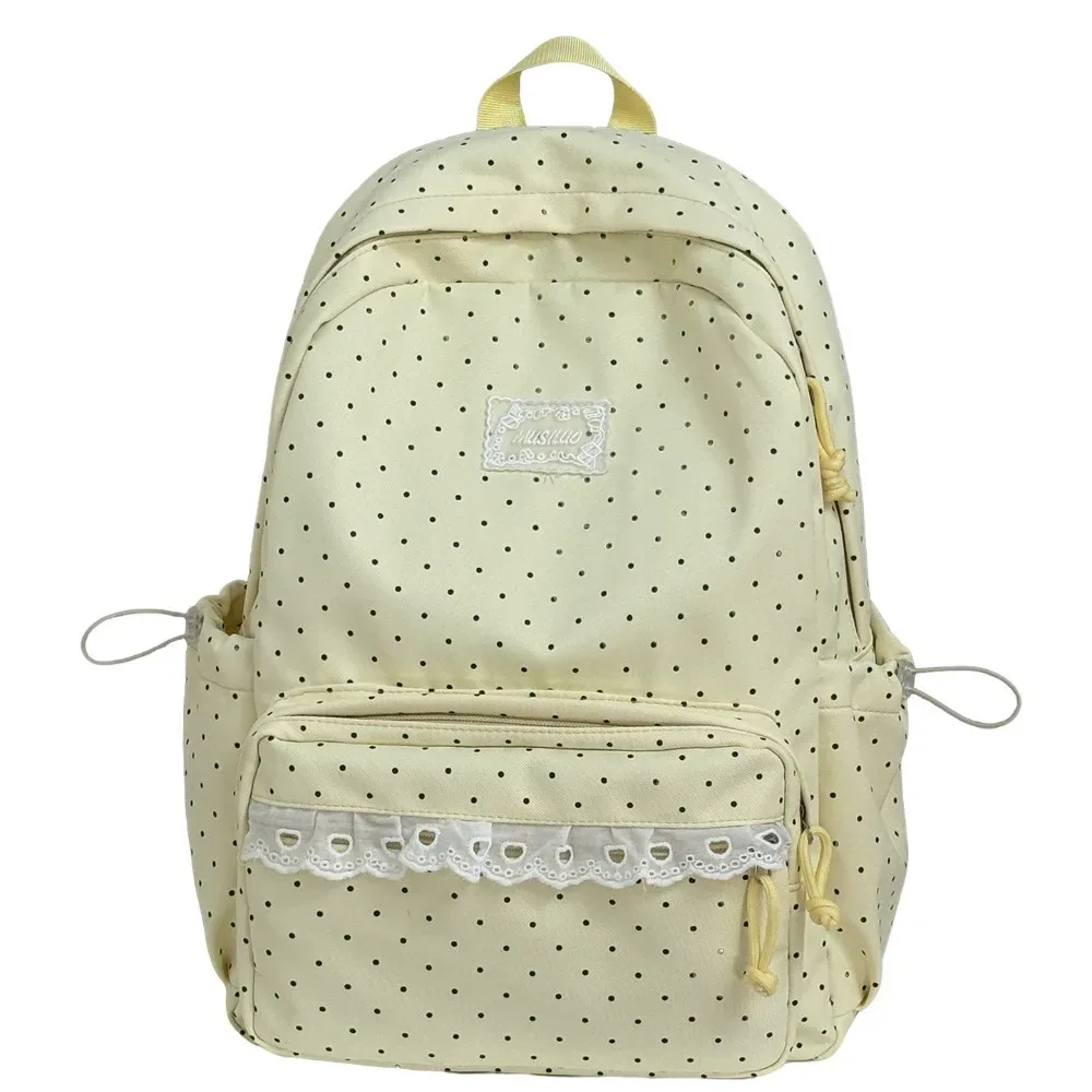 sac à dos y2k à pois, style minimaliste, grande capacité, avec bordure en dentelle, design à nœud, durable, idéal pour les étudiants, l'école et les voyages.