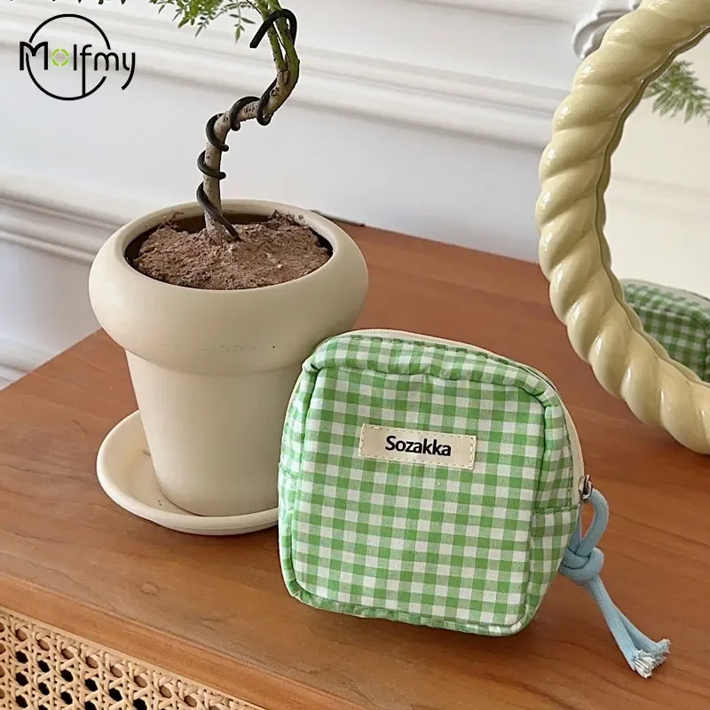 mini sac à cosmétiques à carreaux pour maquillage, couleur bonbon, sacs de rangement pour serviettes hygiéniques, portefeuille en tissu de coton, pochette, nouveau 2025