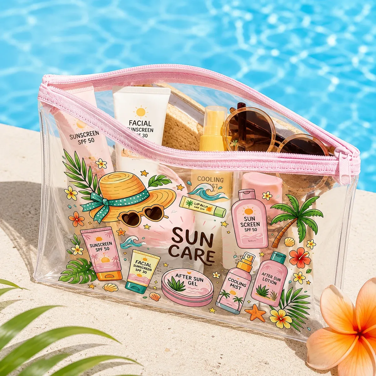 sac de maquillage transparent en pvc pour l'été, organiseur imperméable rose à fermeture éclair pour femmes, plage, piscine, voyage et articles de toilette solaires