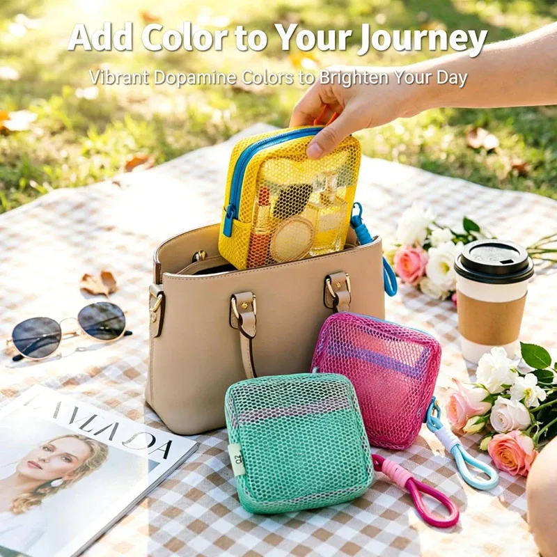 mini sac de maquillage en maille avec design dopamine perspective, sac de rangement pour crème solaire, clés, câbles, avec sangle de poignet amovible