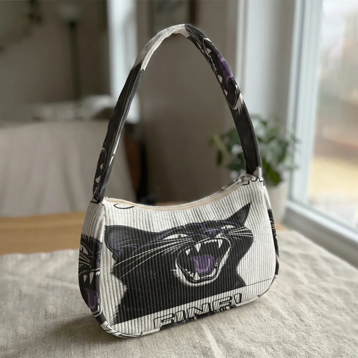 sac à bandoulière tendance imprimé chat noir en colère, sac sous le bras en velours côtelé pour un usage quotidien décontracté