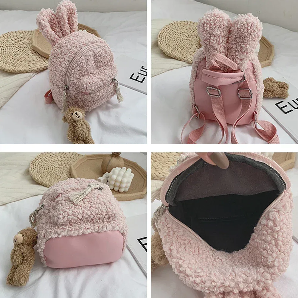 sac à dos en peluche pour enfants en bas âge, sac d'école de maternelle avec oreilles de lapin mignonnes, sac de jour en polaire chaude d'hiver, sac de voyage en plein air pour garçons et filles