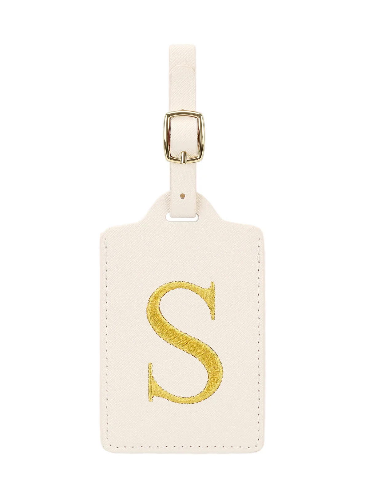 étiquette bagage polyester lettre dorée cuir blanc rectangulaire identification voyage unisexe alphabet fixation anneau métallique