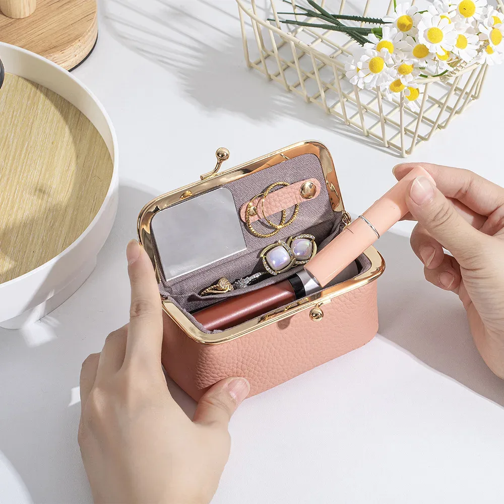 trousse de rangement portable en cuir pour femmes avec fermeture kiss-lock, miroir intégré, organiseur pour rouge à lèvres, bijoux, écouteurs, idéale pour les voyages