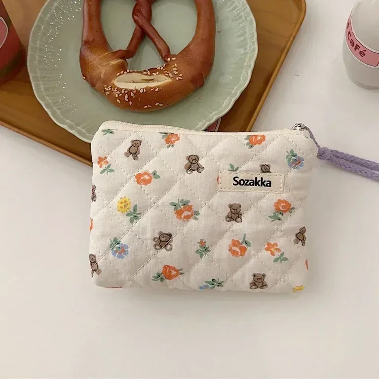 sac de maquillage en coton doux à motif floral, fermeture éclair, rangement pour rouge à lèvres, nœuds, sac cosmétique, trousse de toilette, pochette multifonctionnelle, porte-monnaie
