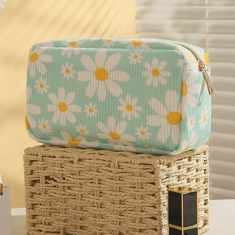 trousse de maquillage en velours côtelé pour femme, sacs cosmétiques de grande capacité, trousse de toilette de voyage, rangement de pinceaux de maquillage, imprimé à la mode