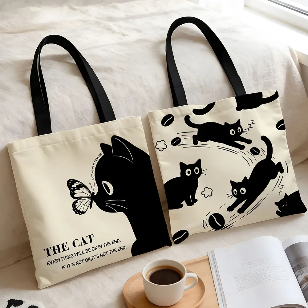 sac fourre-tout en toile motif chat noir et café – imprimé chaton mignon et ludique avec motifs latte et grains de café, sac à bandoulière bohème écologique