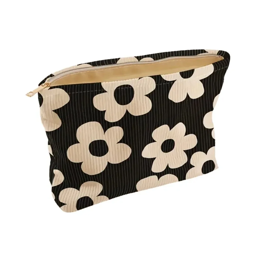 pochette de maquillage en velours noir avec impression sérigraphique de chrysanthèmes, élégante et vintage, organiseur de cosmétiques portable pour femme, pochette à main