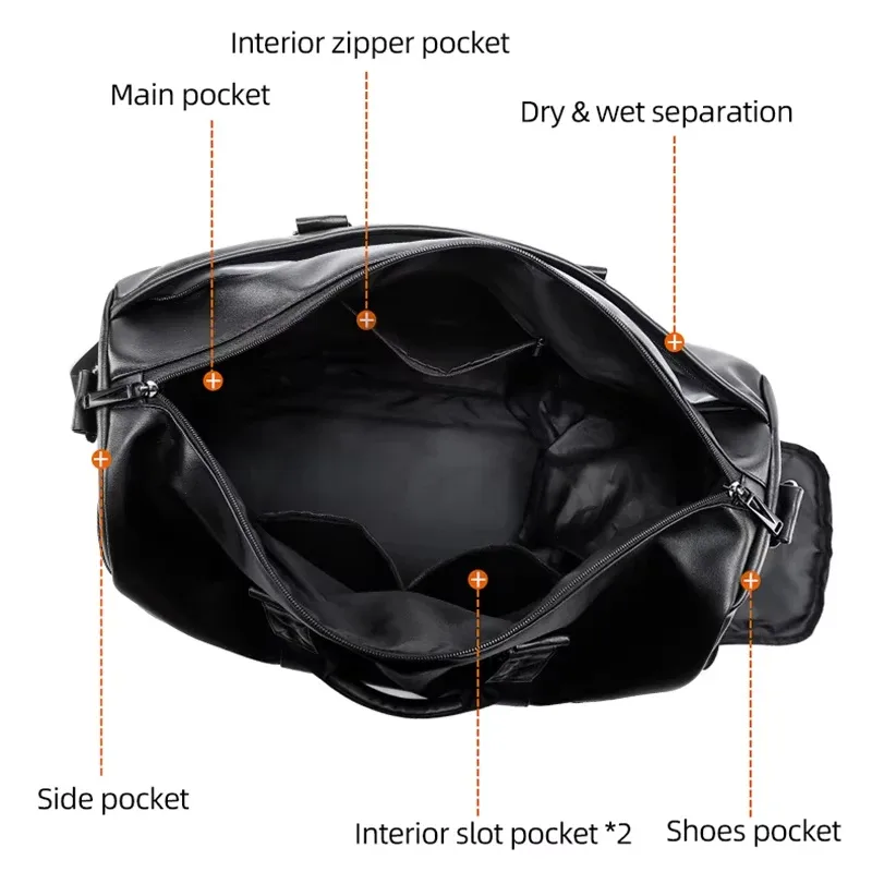 grand sac de voyage fourre-tout pour hommes et femmes, bagage à bandoulière pour extérieur, sac de week-end pour courtes distances, pochette de transport, sac sec/humide en pu