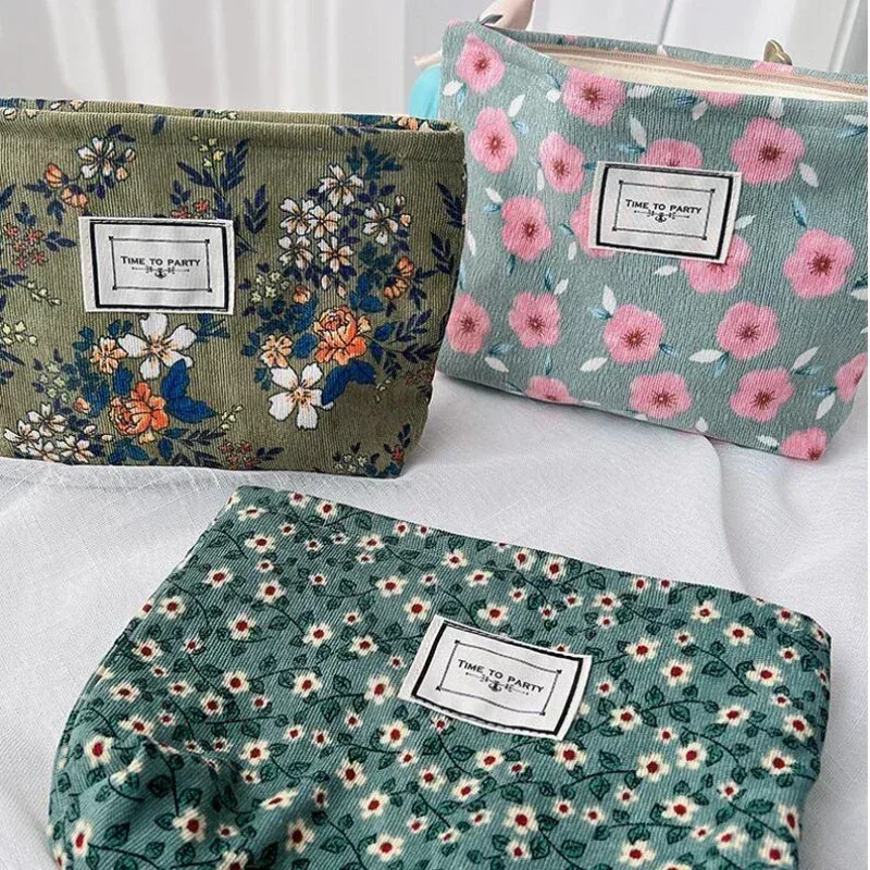 trousse de maquillage en velours côtelé pour femme, trousse cosmétique à imprimé floral rétro, étuis de rangement de beauté, poudres de maquillage de voyage