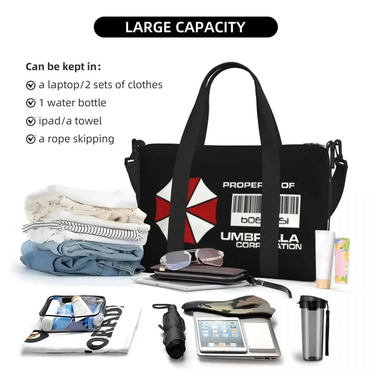 sac fourre-tout personnalisé pour femmes, fourre-tout de cosplay de jeu de film umbrella corporation, sacs de voyage de plage et de gymnastique de grande capacité