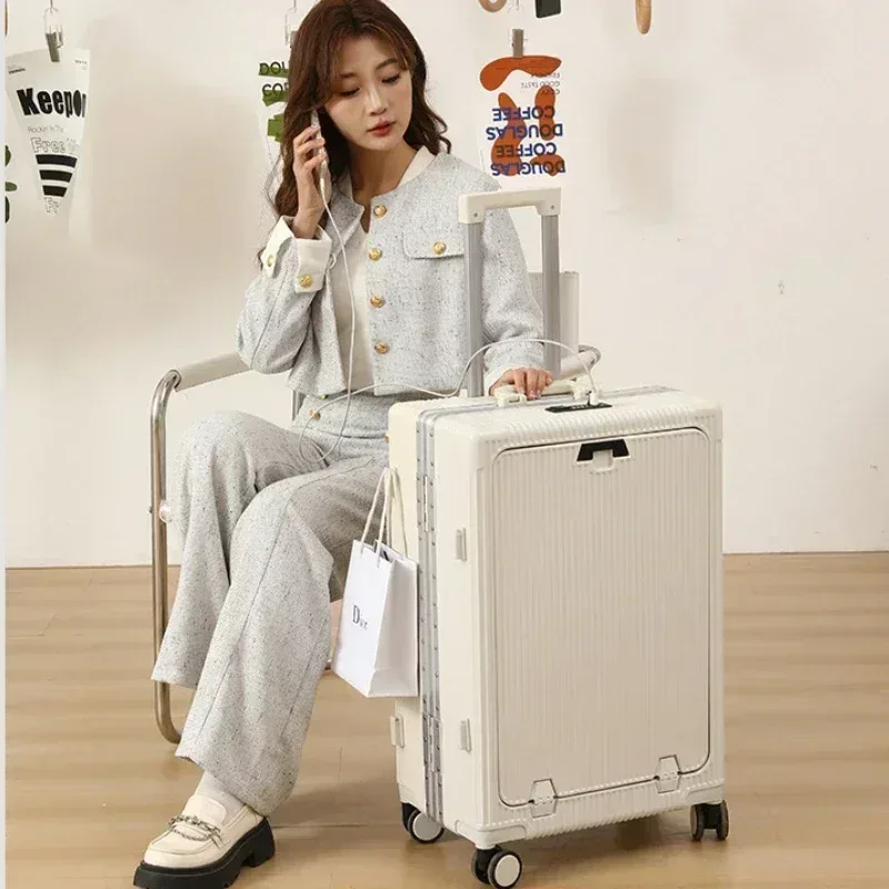 valise à roulettes grande capacité à ouverture frontale, cadre en aluminium, avec porte-gobelets