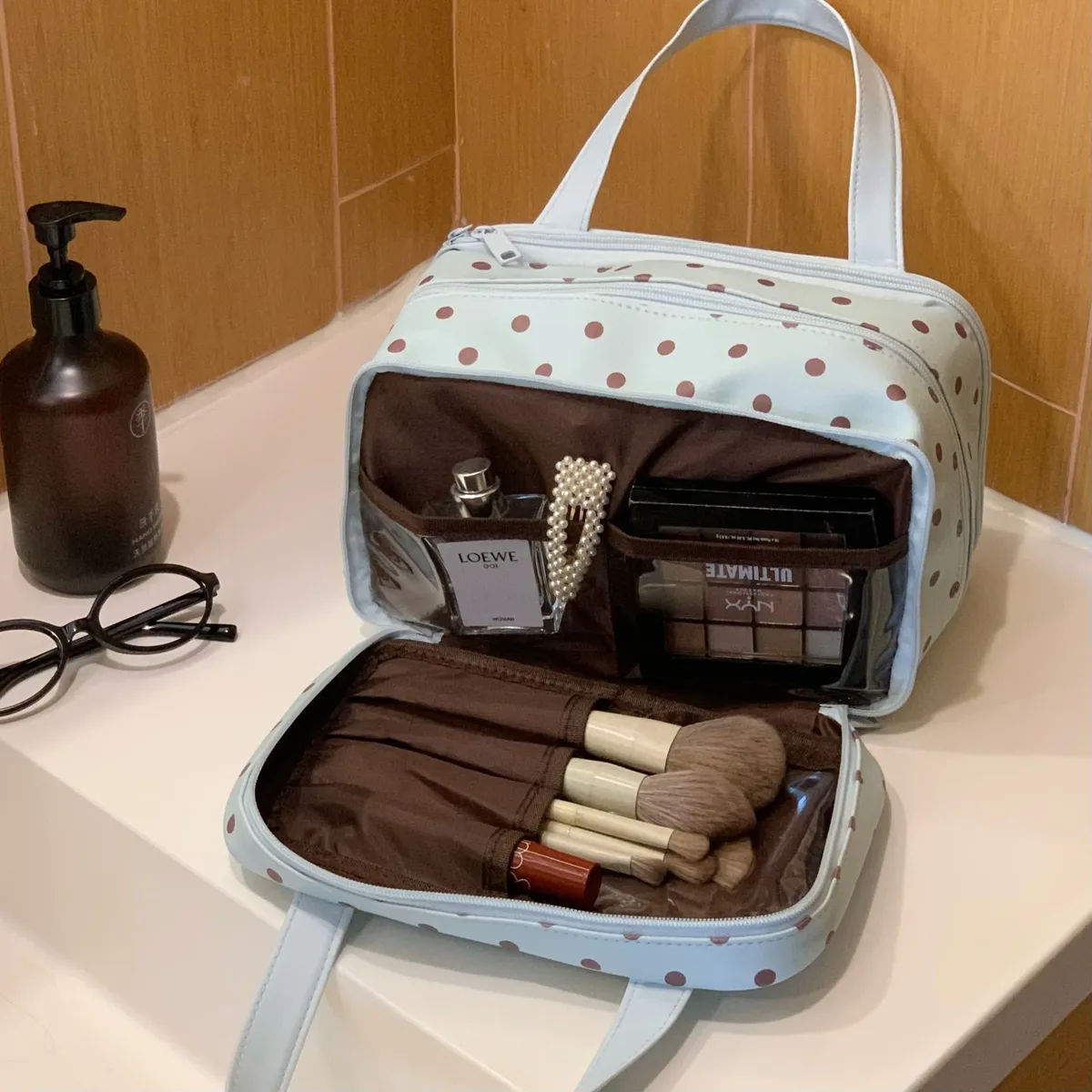 nouvelle trousse de rangement cosmétique portable à trois compartiments, grande capacité, trousse de toilette de voyage, trousse de maquillage à main pour femmes