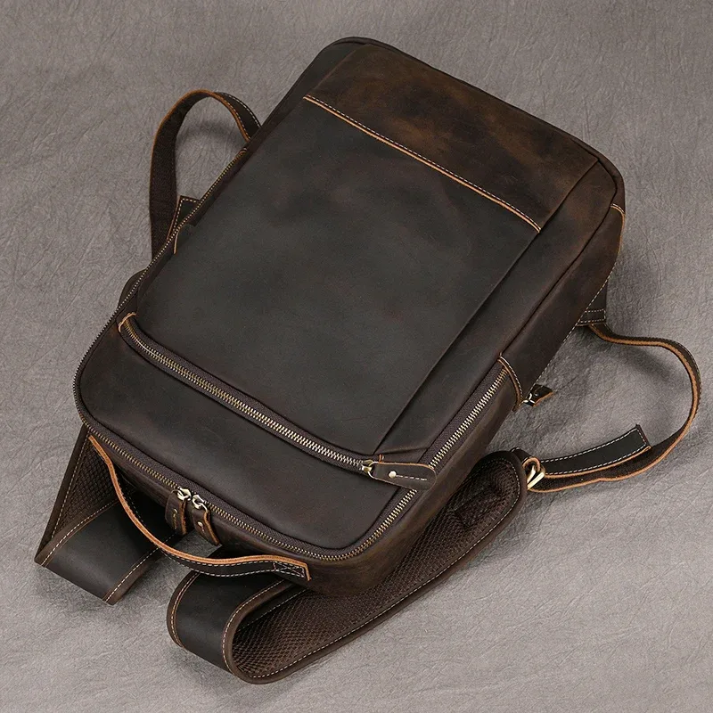 vintage hommes crazy horse cuir sac à dos en cuir véritable rétro sac à dos grand classique voyage sac à dos grand ordinateur portable sac d'ordinateur