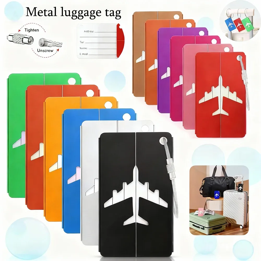 étiquette de bagage de voyage en alliage d'aluminium, étiquette suspendue pour valise, avion avec nom, cartes d'identité, anti-perte, couleur unie, accessoires de voyage.zmt