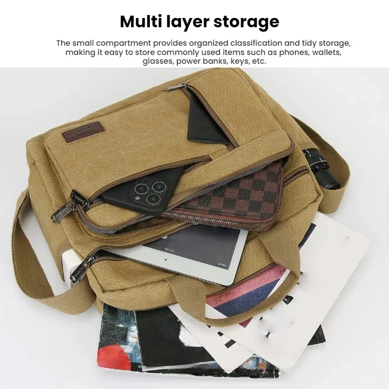 sac à bandoulière en toile pour hommes, sac à bandoulière décontracté, fourre-tout pour les déplacements quotidiens avec plusieurs poches, sac de voyage scolaire léger et durable