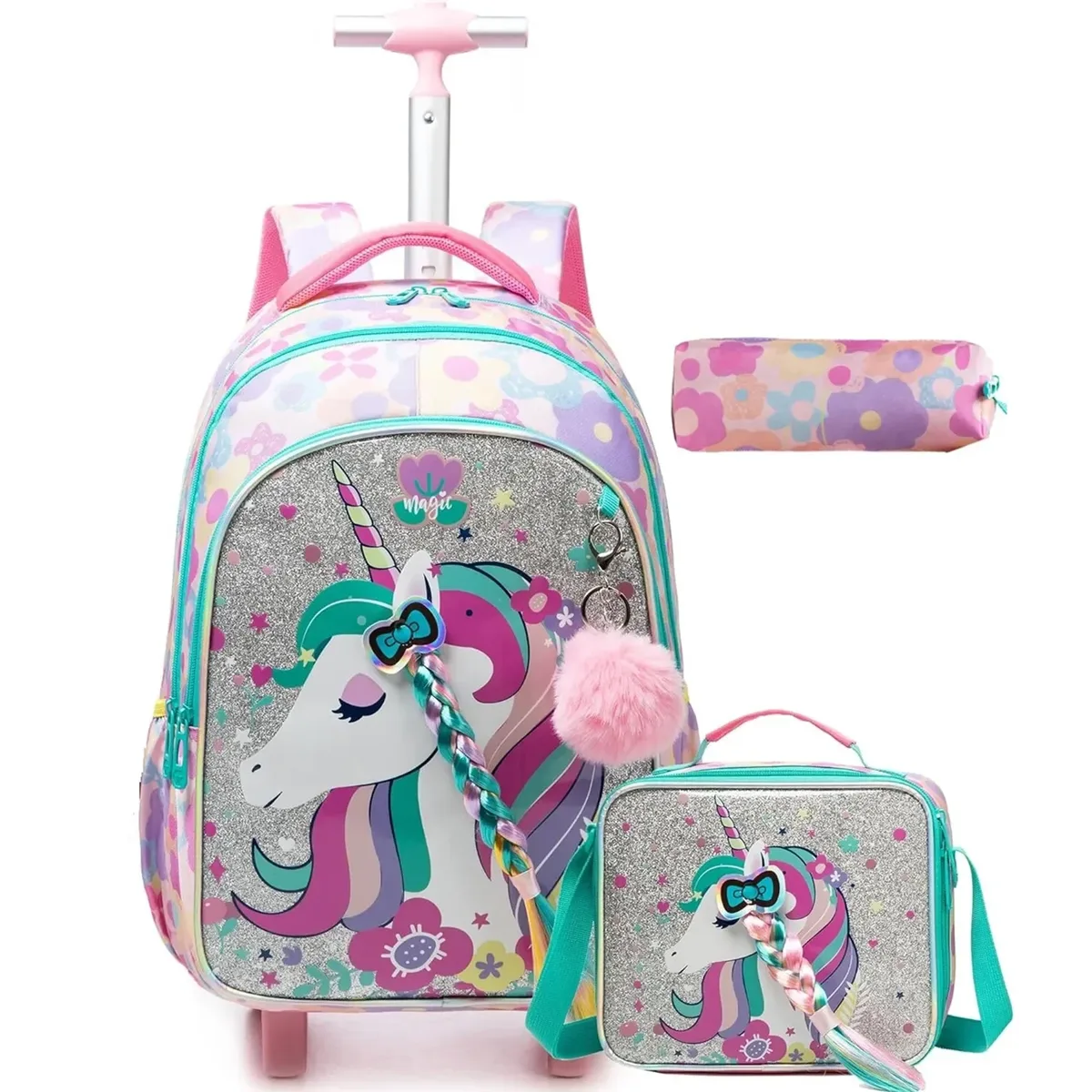 sac dos polyester toile dessin animé bleu pastel coeurs dorés love scolaire transport voyage filles