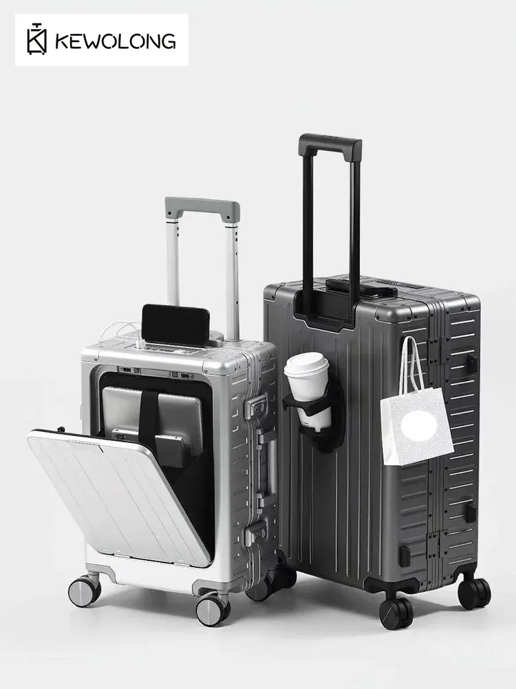Nouvelle valise en alliage d'aluminium et de magnésium à ouverture frontale, 20/24 pouces, bagage à roulettes entièrement métallique et durable.