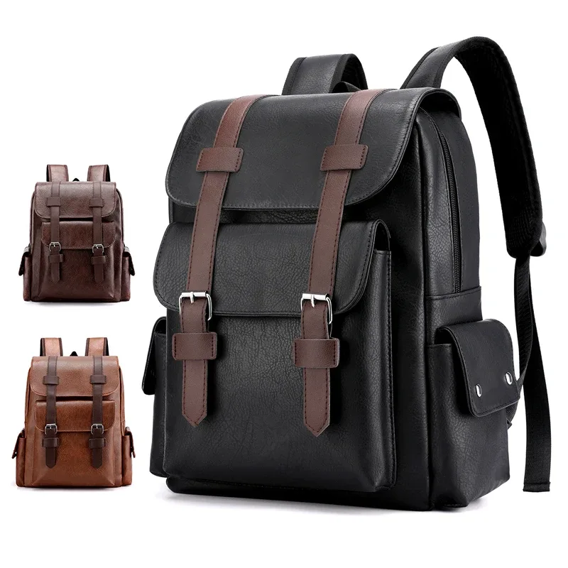 Sac Dos Cuir PU Noir Marron Bandoulière Arquée Poches Frontale Lateral Voyage Décontracté Jacquard