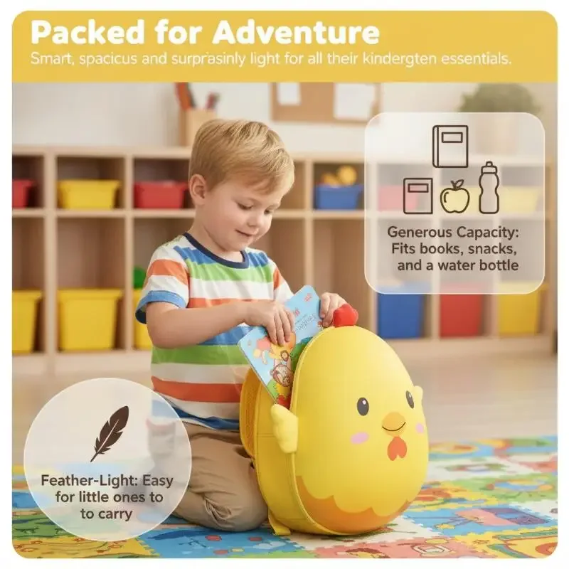 sac à dos pour enfants en forme de poulet de dessin animé, résistant à l'eau, à bretelles réglables, durable pour les enfants d'âge préscolaire, pour les trajets quotidiens à l'école