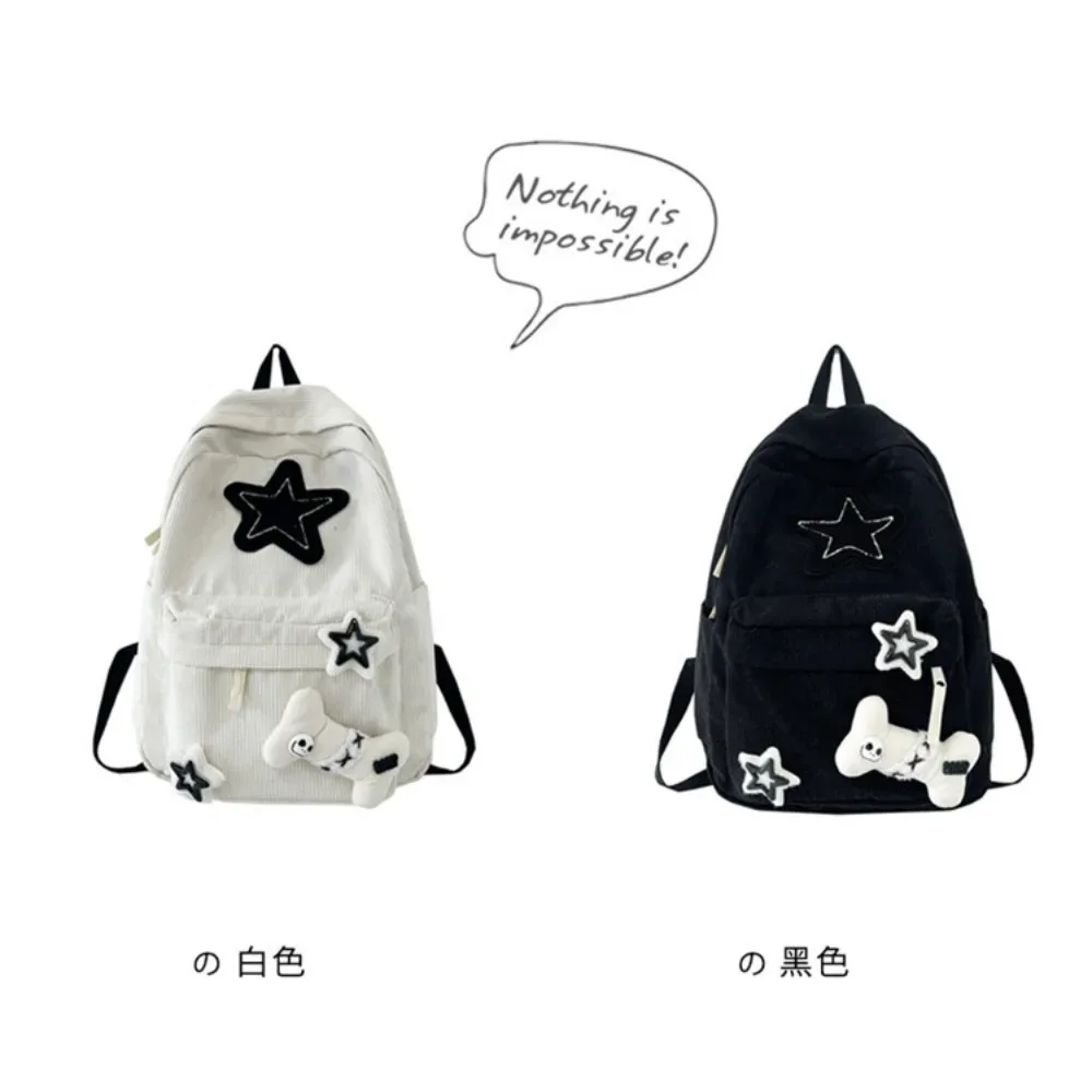 sac à dos coréen y2k harajuku en velours côtelé avec patch étoile noir et blanc, style gothique, poupée tête de mort, mignon, streetwear japonais, pour étudiantes et adolescentes