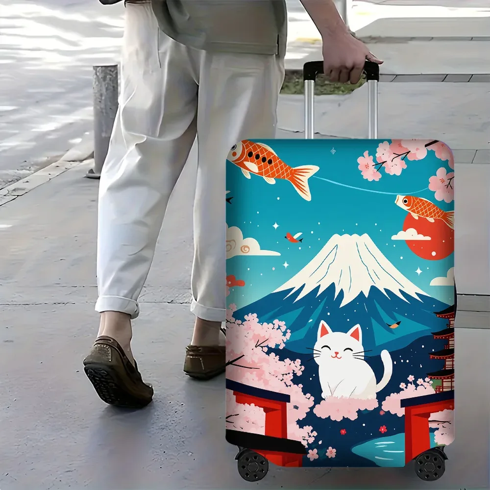 housse valise polyester motif chat blanc souriant poissons rouges fleurs cerisier mont fuji bleu protection voyage roulettes poignée noire