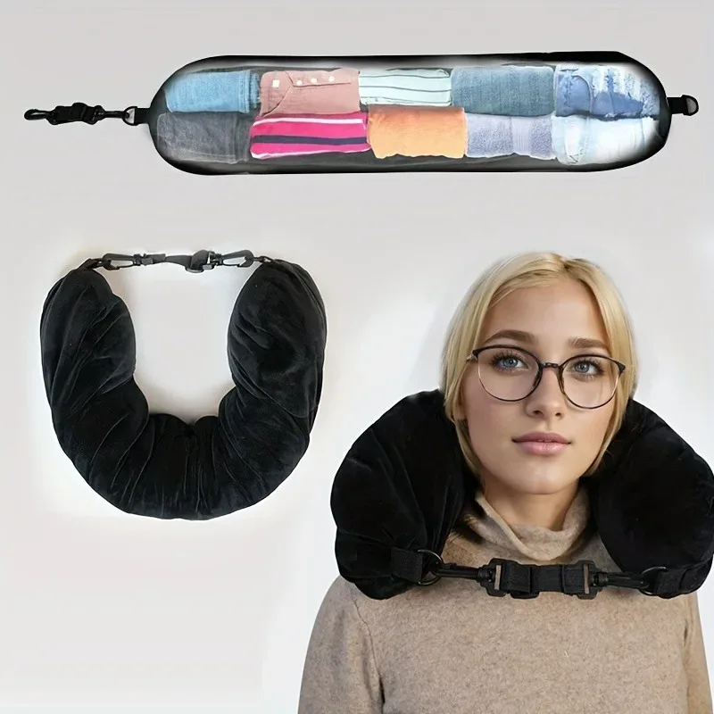 oreiller de voyage pliable, coussin de soutien cervical multifonctionnel, oreiller léger et portable pour les voyages en avion et en voiture.
