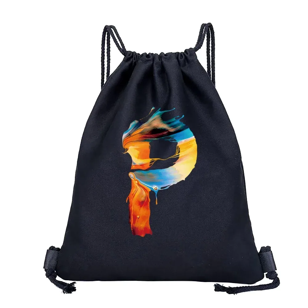 sac dos lin noir motif multicolore compact pliable cordon serrage poignées souple grande capacité sports plein air harajuku polyvalent