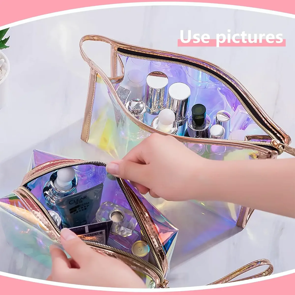 pochette de maquillage holographique, pochette de maquillage transparente en pvc, pochette cosmétique irisée, pochette cosmétique portable de voyage, sacs cosmétiques en tpu