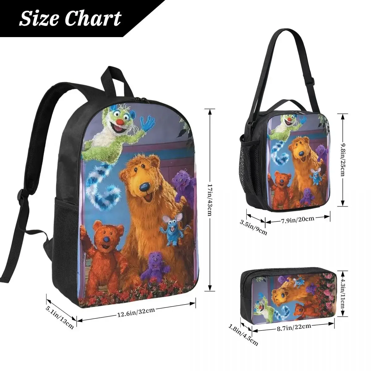 sac à dos ours dans la grande maison bleue, sac à livres pour garçons et filles, sac d'école, sacs à bandoulière pour ordinateur, sac à déjeuner isolé 3ps, trousse à crayons