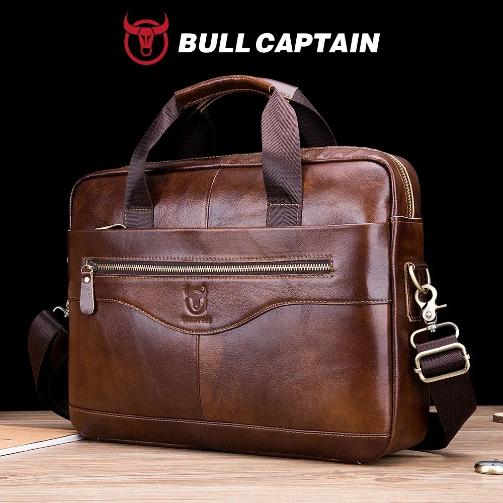 Sacoche Cuir Vache Marron Top-Grain Leather Poignée Souple Bandoulière Amovible Polyester Intérieur Informatique Usage Voyage Business