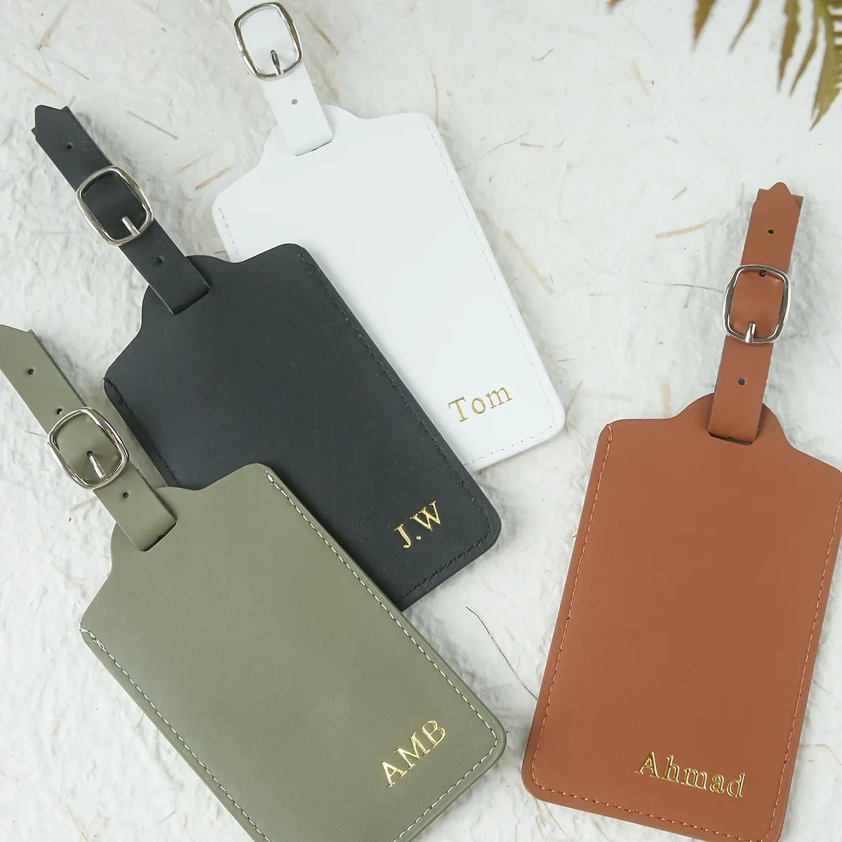 étiquette de bagage personnalisée avec monogramme estampé à chaud, minimaliste, légère, rose, verte, marron, accessoire de valise