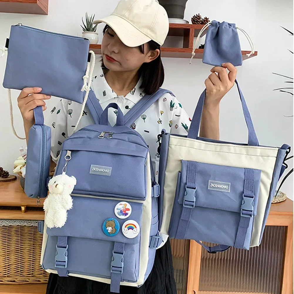 kit de 5 pièces : sac à dos tendance pour femme, grande capacité, imperméable, idéal pour l'université, sac d'école pour ordinateur portable, sac de voyage mignon pour fille.