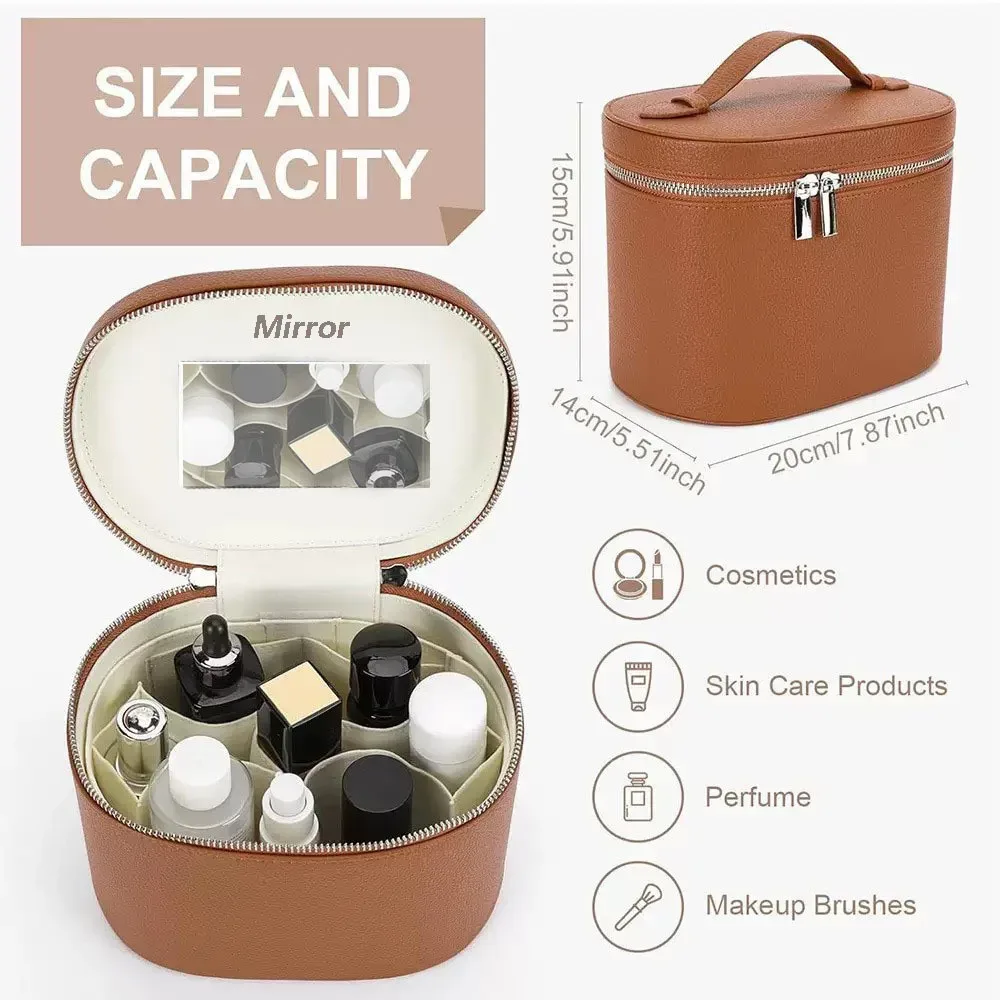 nouvelle trousse de maquillage ronde en cuir pu personnalisable, sac de rangement portable pour rouge à lèvres et soins de la peau avec compartiments