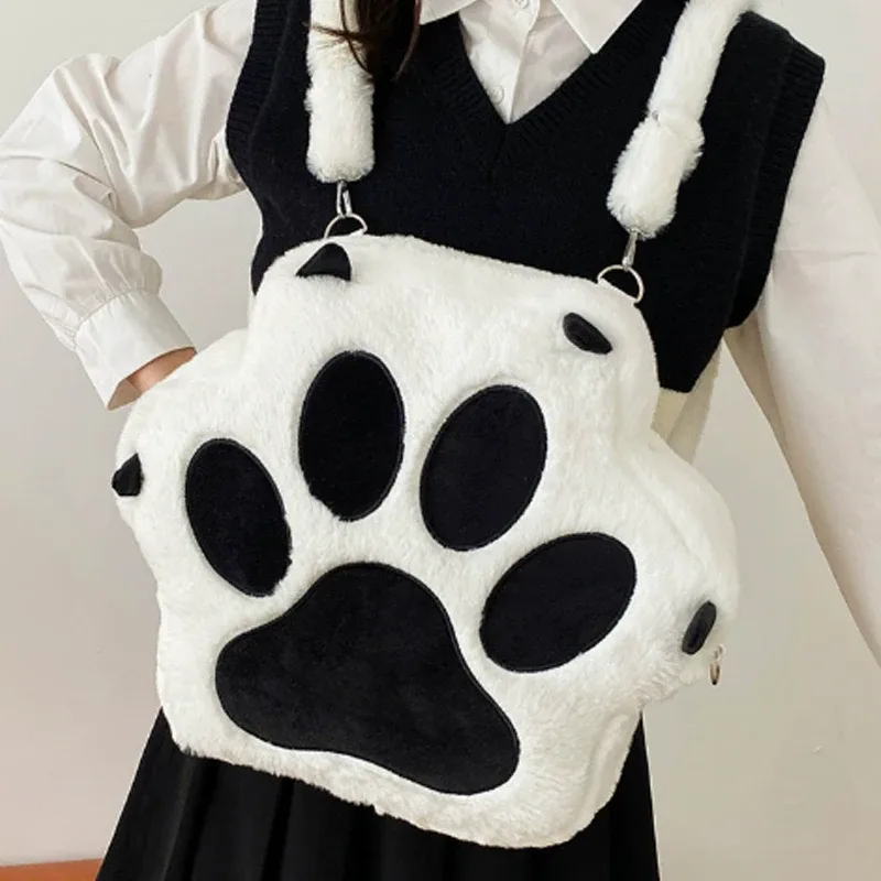 Sac à dos en peluche doux et moelleux en forme de patte de chiot ou de chat, style Kawaii, avec bretelles réglables, motif animaux de dessin animé, grande capacité